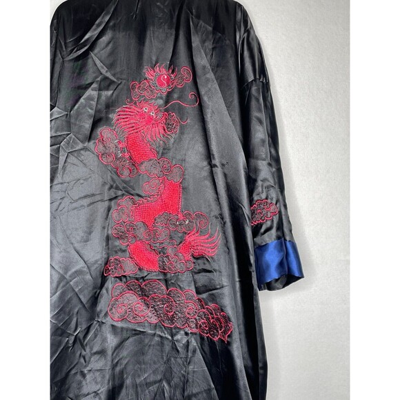 Men's Robe Kimono Reversible Embroidered Dragon Asian  Black & Blue No Belt - Picture 2 of 16